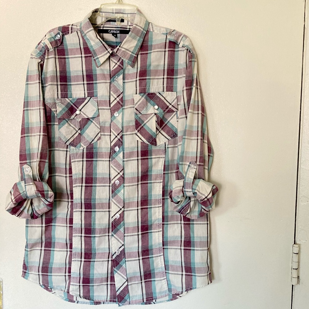*BRAND NEW* Rue 21 Carbon Vintage Plaid Collar Button Down Roll Up Sleeves Shirt